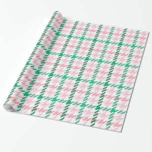 Retroze roze en groen houndstooth plaid-patroon cadeaupapier