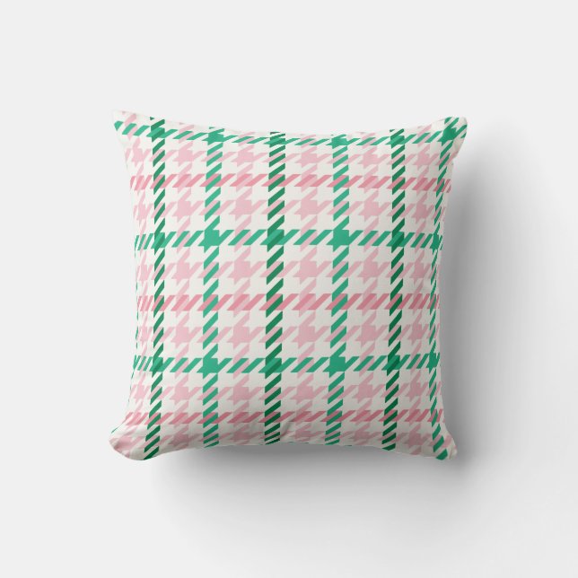 Retroze roze en groen houndstooth plaid-patroon kussen (Voorkant)