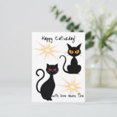 Retrozwarte katten met sterburst - bewerkbare teks briefkaart (Staand voorkant)