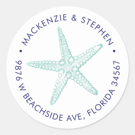 Return Address Blue Blauwgroen Starfish Beach Wedd Ronde Sticker (Voorkant)