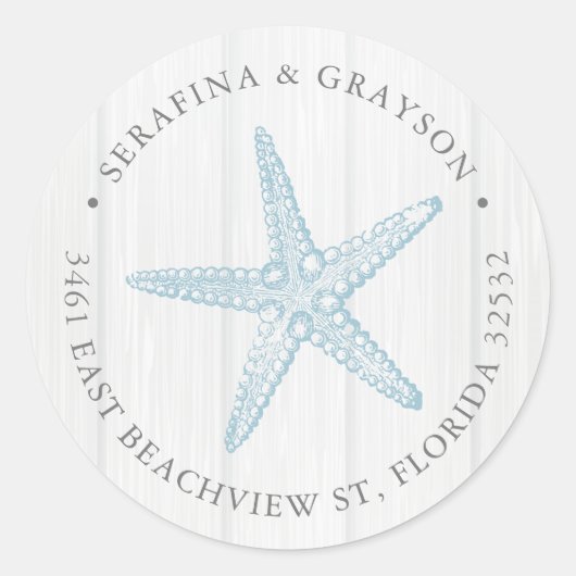 Return Address Blue Starfish Rustic Beach Wedding Ronde Sticker (Voorkant)