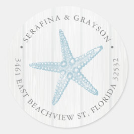 Return Address Blue Starfish Rustic Beach Wedding Ronde Sticker