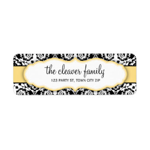 RETURN ADRES stijlvolle damast zwart citroen geel Etiket
