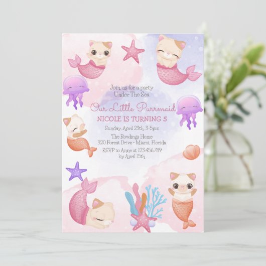 Reumaïde kat-zeemmeisje, uitnodiging voor verjaard (Staand voorkant)