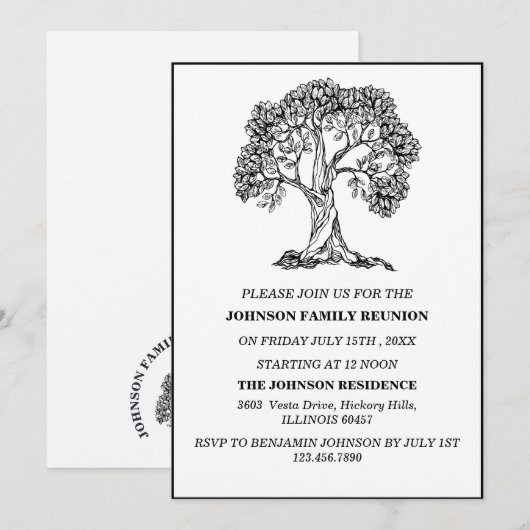 Reünie over Elegant Black & White Tree Family Kaart (Voorkant / Achterkant)