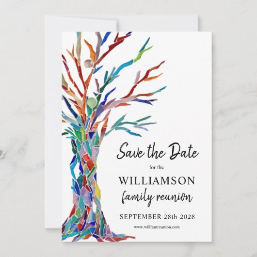 Reünie over regenboogbomen save the date (Voorkant)