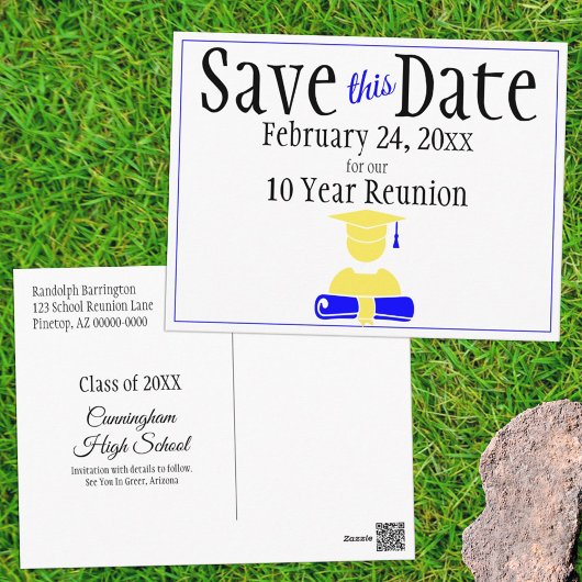 Reunion Class Save the Date Minimalist Blue Yellow Briefkaart