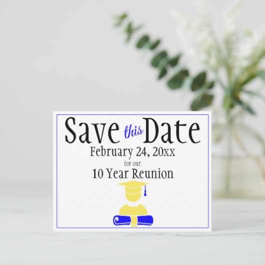 Reunion Class Save the Date Minimalist Blue Yellow Briefkaart (Staand voorkant)