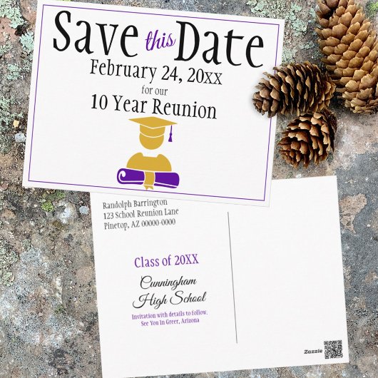Reunion Class Save the Date Minimalist Paars Gold Briefkaart