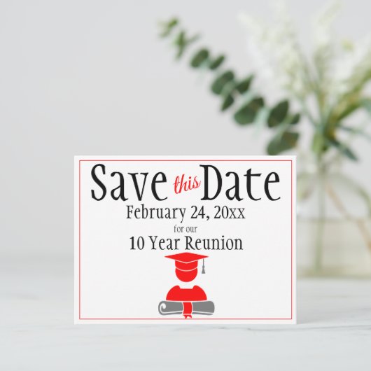 Reunion Class Save the Date Minimalist Red Grey Briefkaart (Staand voorkant)