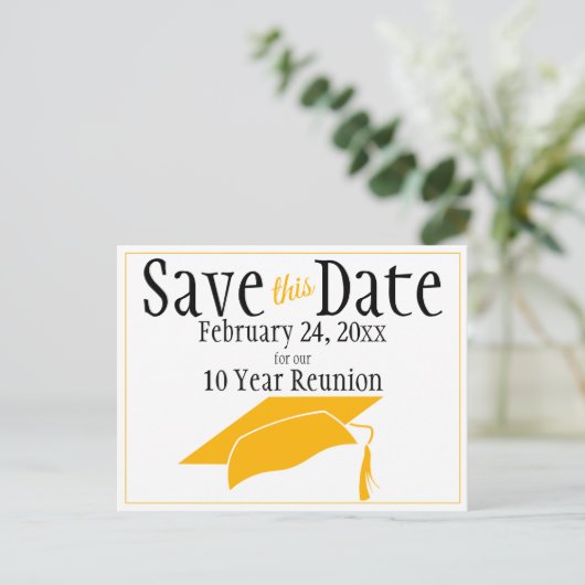 Reunion Class Save the Date Oranje Gradup Briefkaart (Staand voorkant)