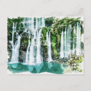 Reunion Island Tropical Waterfall Waterverf Art Briefkaart