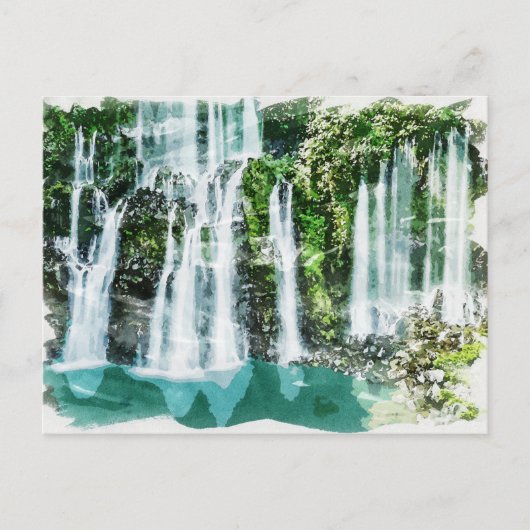 Reunion Island Tropical Waterfall Waterverf Art Briefkaart (Voorkant)