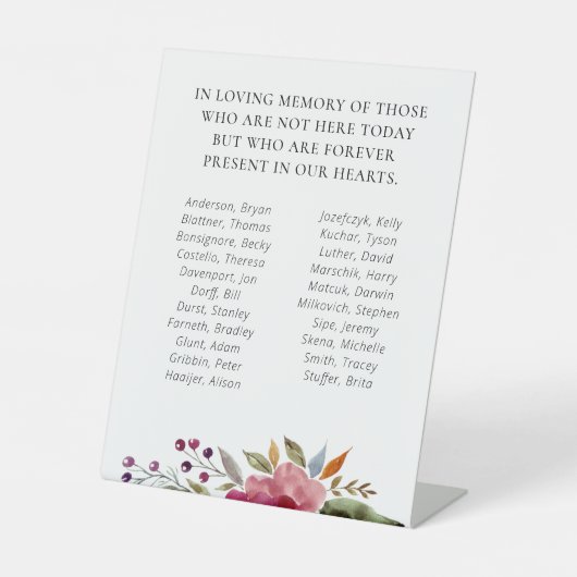 Reunion Memorial Names klasse Burgundy Flowers Reclamebord Met Voetstuk (Voorkant)