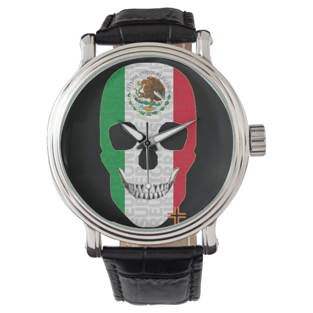 REUNIONES Mexico Watch Mannen  zwart leder Horloge (Voorkant)