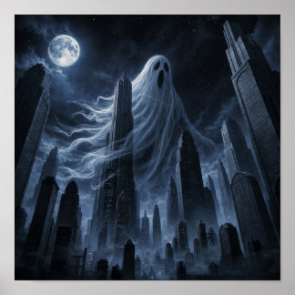 Reusachtig spook boven de stad poster