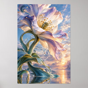 Reusachtige lavendelroze klaproos bij zonsondergan poster