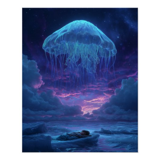 Reusachtige Lichtgevende Kwallen Boven Droomoceaan Perfect Poster (Voorkant)
