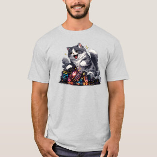 Reusachtige Neon Kat Stad Chaos Cute Cyberpunk Gra T-shirt
