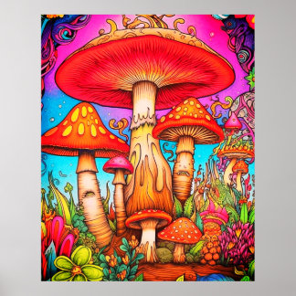 Reusachtige rode + gele grillige paddenstoelen op poster