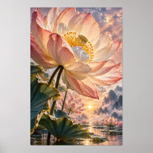 Reusachtige Roze Lotus bij Zonsondergang Meer Fant Poster
