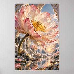 Reusachtige Roze Lotus over Waterval Vallei Fantas Poster