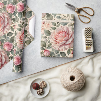 Reusachtige Roze Roos en Knoppen Botanisch Cadeaupapier