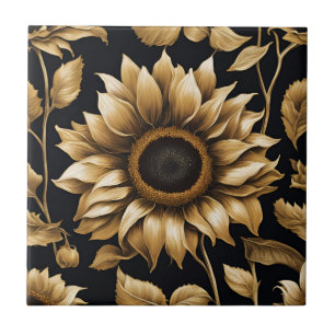 Reusige gouden zonnebloem op zwart tegeltje