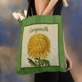 Reuzengouden Chrysant met Groene Damast Tote Bag