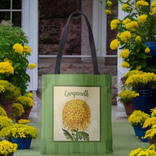 Reuzengouden Chrysant met Groene  Damast Tote Bag