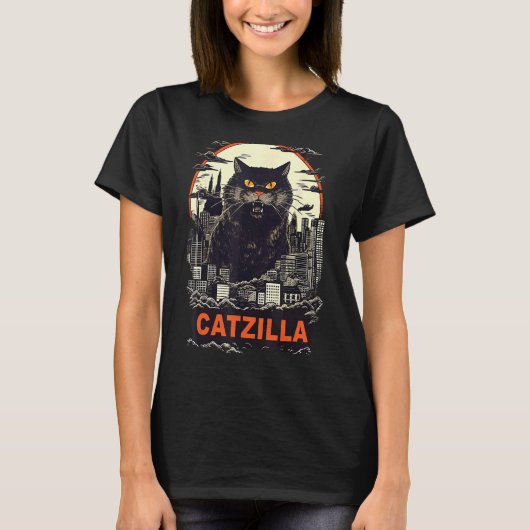 Reuzenkat In Stad Catzilla T-shirt (Voorkant)