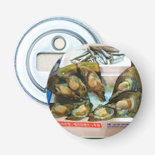 Reuzenmosselen Tsukiji vismarkt, Tokio, Japan Button Flesopener