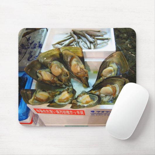 Reuzenmosselen Tsukiji vismarkt, Tokio, Japan Muismat (Met muis)