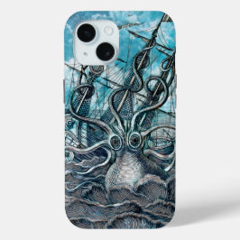 Reuzenoctopus Blauwe Zeemonster Zeilboot iPhone 15 Case