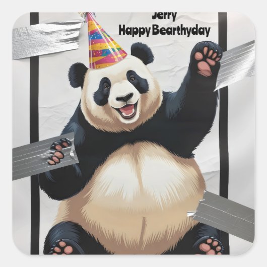 Reuzenpanda zittend in het pet van zijn verjaardag vierkante sticker (Voorkant)