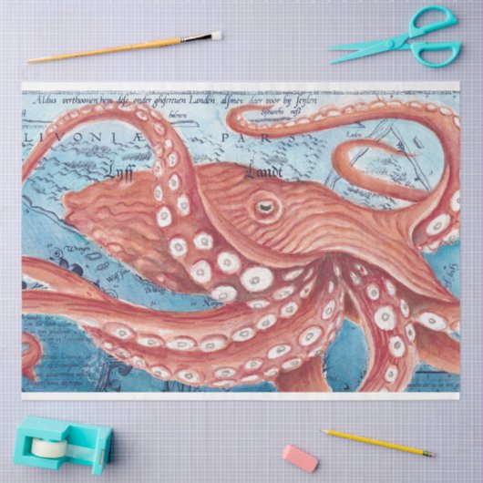 Reuzenrode Stille Oceaan Octopus  Kaart Kunst Tissuepapier (Craft)