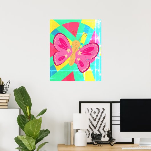 Reuzenroze, blauwe en oranje abstracte vlinder poster (Thuiskantoor)