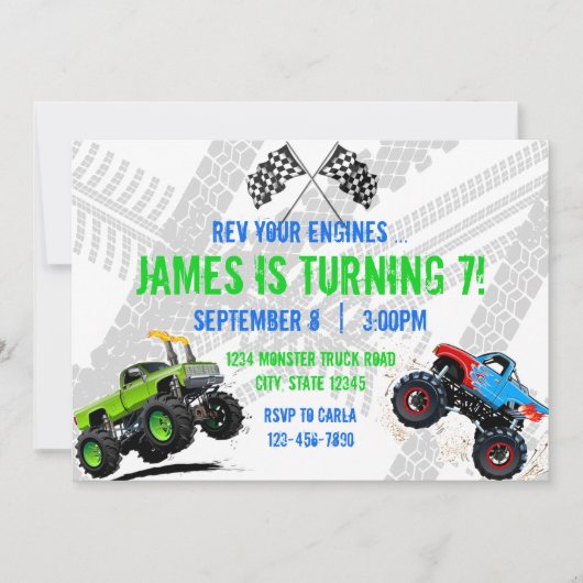 Rev Your Engines Monster Truck Birthday Invitation Kaart (Voorkant)