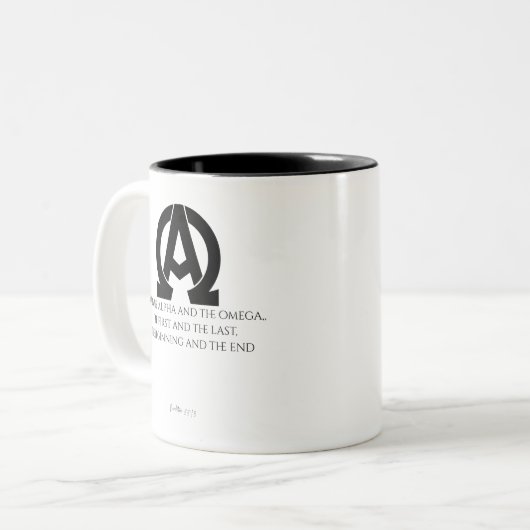 Revelation 22:13: "I am the Alpha and the Omega" Tweekleurige Koffiemok (Voorkant links)