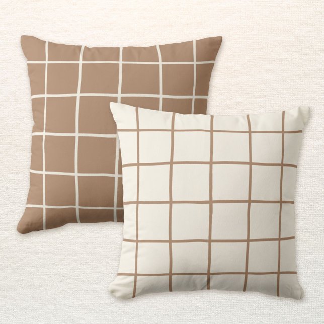 Reversible Beige Tan Brown Grid Checkered Scandi Kussen (Creator heeft geüpload)