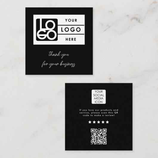 Review Link Business Logo QR Code Thank You Black Vierkante Visitekaartje (Voorkant / Achterkant)