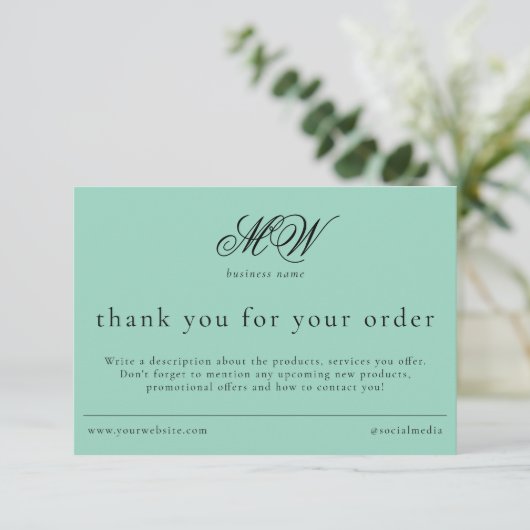 Review Order Packaging Insert Script Monogram Teal Bedankkaart (Staand voorkant)