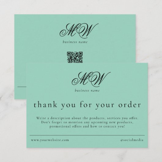 Review Order Packaging Insert Script Monogram Teal Bedankkaart (Voorkant / Achterkant)