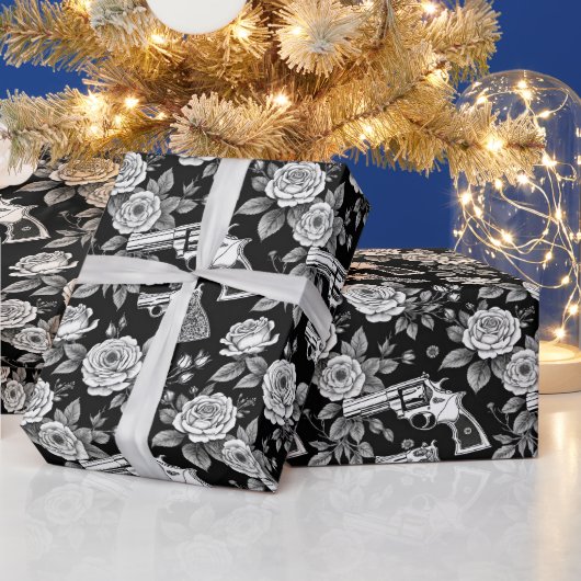  Revolver Floral Illustration Zwart Wit Cadeaupapier (Feestdagen)