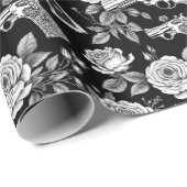  Revolver Floral Illustration Zwart Wit Cadeaupapier (Rol Hoek)
