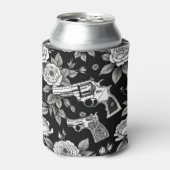 Revolver Zwart & Wit Bloemen Illustratie Blikjeskoeler (Blikje Voorkant)