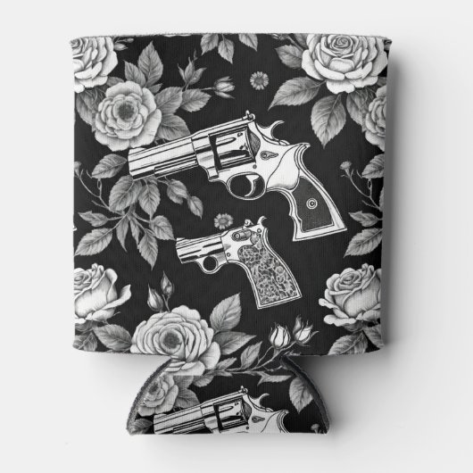 Revolver Zwart & Wit Bloemen Illustratie Blikjeskoeler (Voorkant)