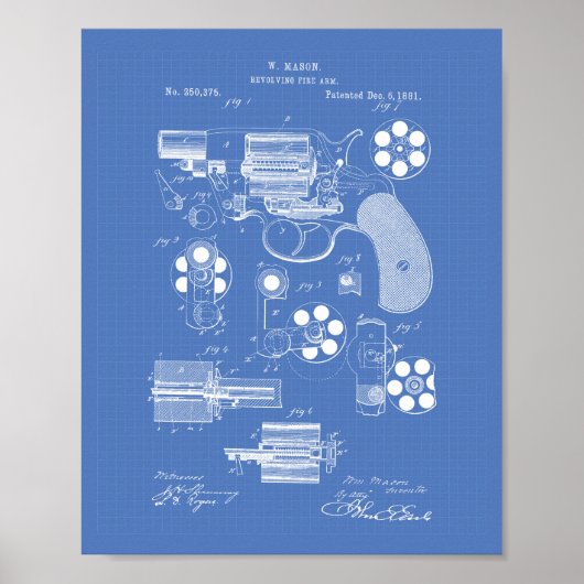 Revolving Fire Arm 1881 Patent Art - Blauwdruk Poster (Voorkant)