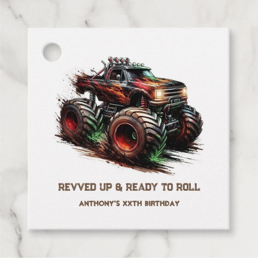 "Revved Up & Ready to Roll" Monster Truck Verjaard Bedankjes Labels (Voorkant)