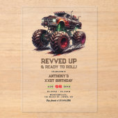Revved Up & Ready to Roll! Monster Truck Verjaarda Acryl Uitnodigingen (Voorkant)